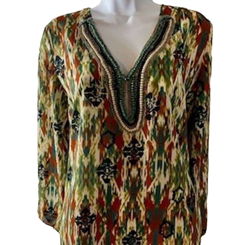 Chenault Size PL Cream/Green Pattern Tunic Blouse